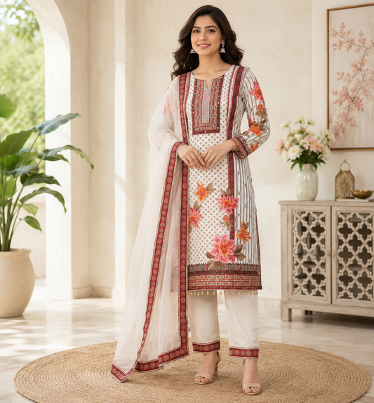 Stylish Women's Cream Floral Printed Muslin Kurta Pant & Dupatta Set