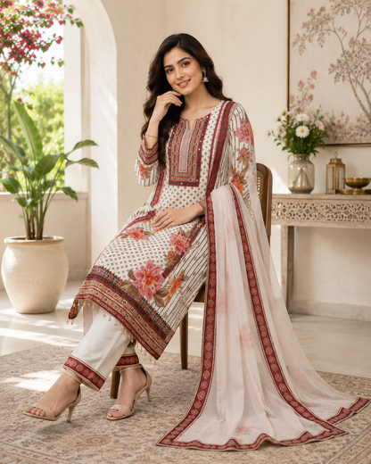Stylish Women's Cream Floral Printed Muslin Kurta Pant & Dupatta Set