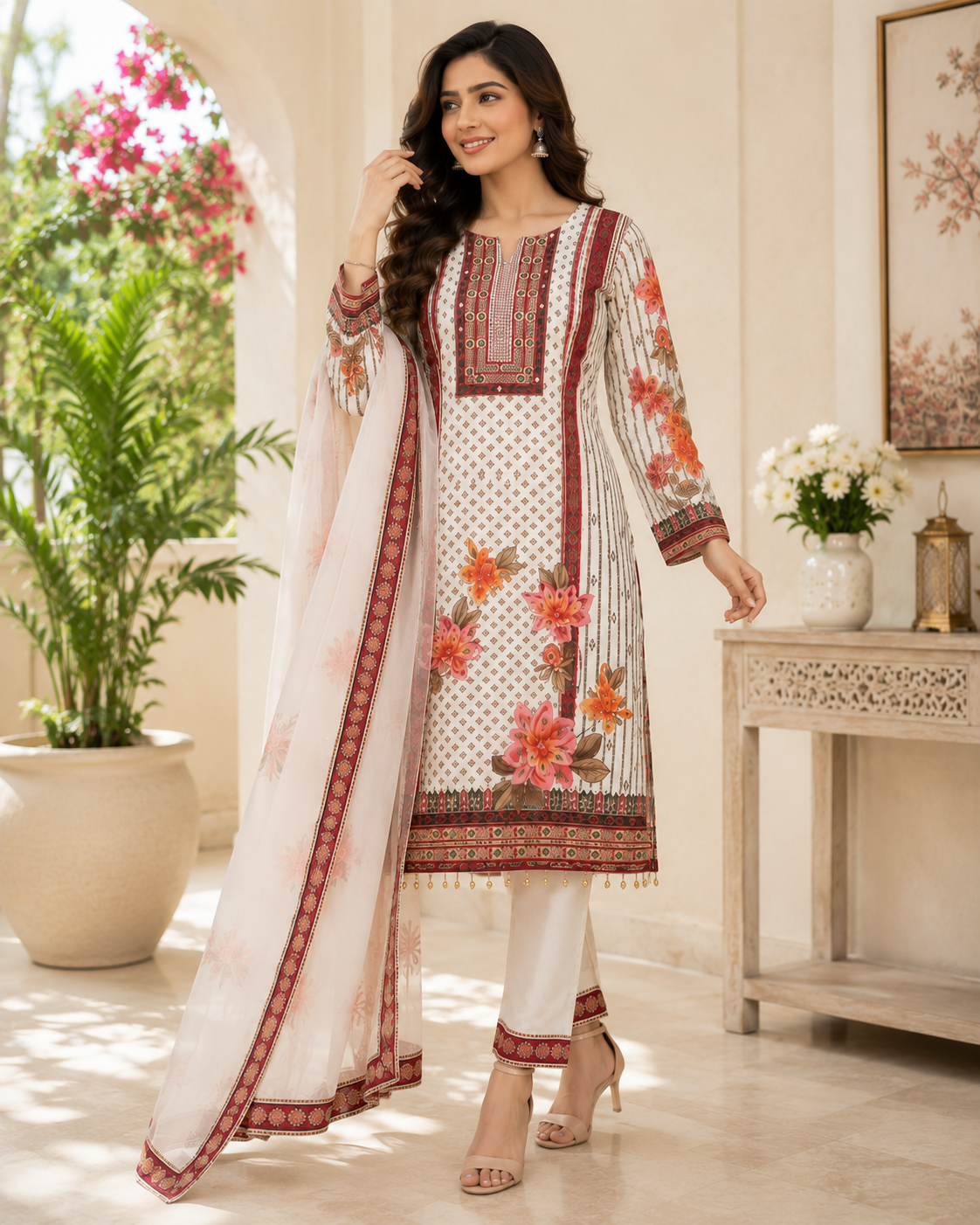 Stylish Women's Cream Floral Printed Muslin Kurta Pant & Dupatta Set