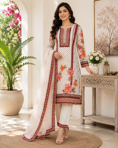 Stylish Women's Cream Floral Printed Muslin Kurta Pant & Dupatta Set
