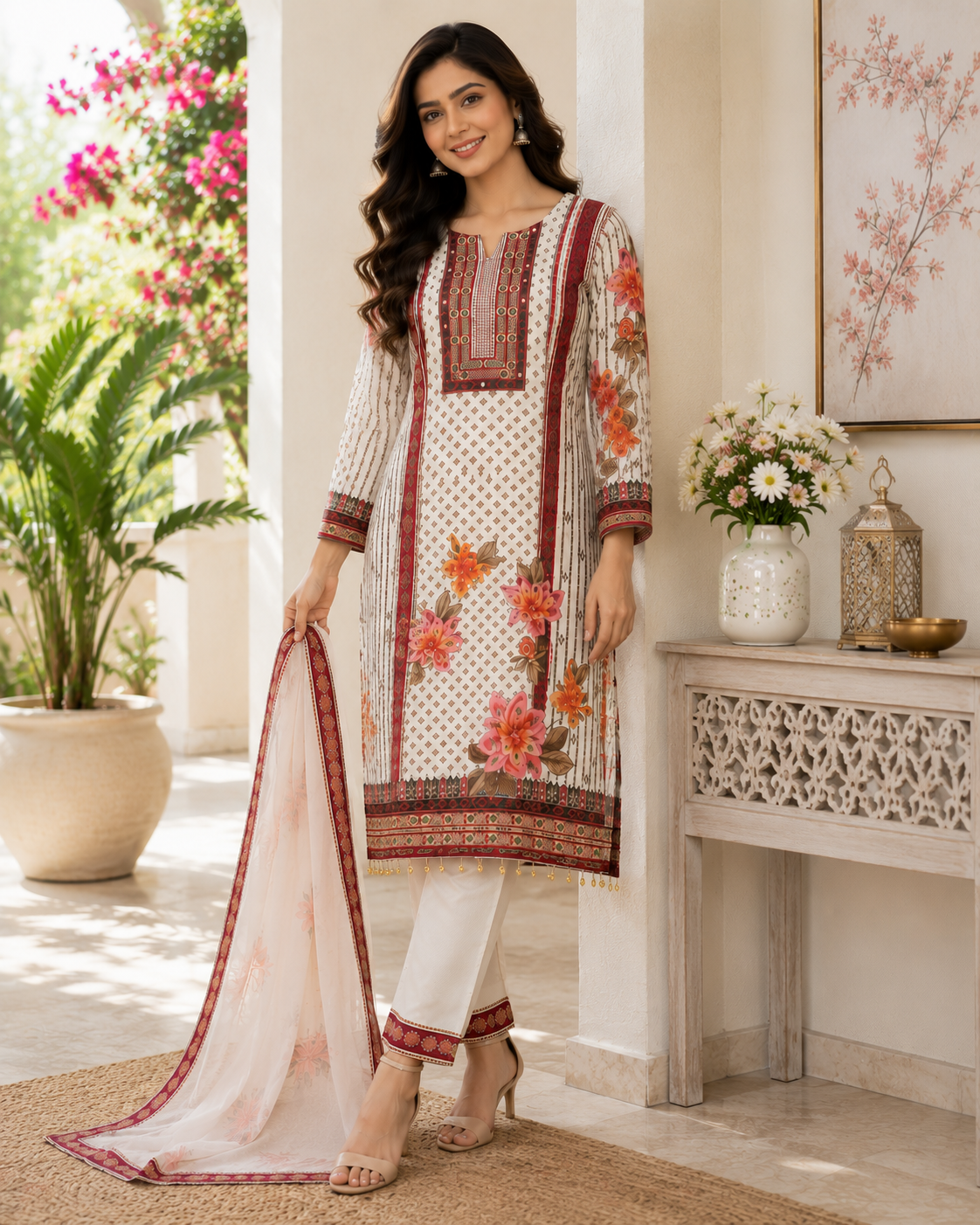 Stylish Women's Cream Floral Printed Muslin Kurta Pant & Dupatta Set