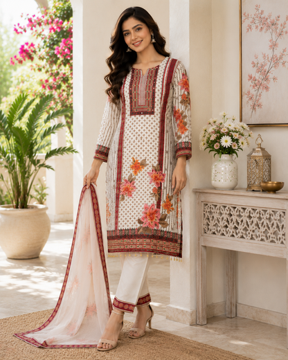 Stylish Women's Cream Floral Printed Muslin Kurta Pant & Dupatta Set
