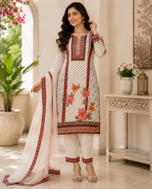 Stylish Women's Cream Floral Printed Muslin Kurta Pant & Dupatta Set