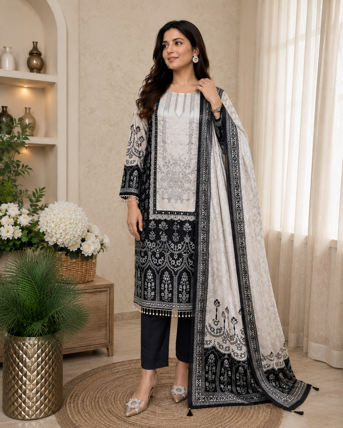Gorgeous Black Chinon Embroidery Suit Set