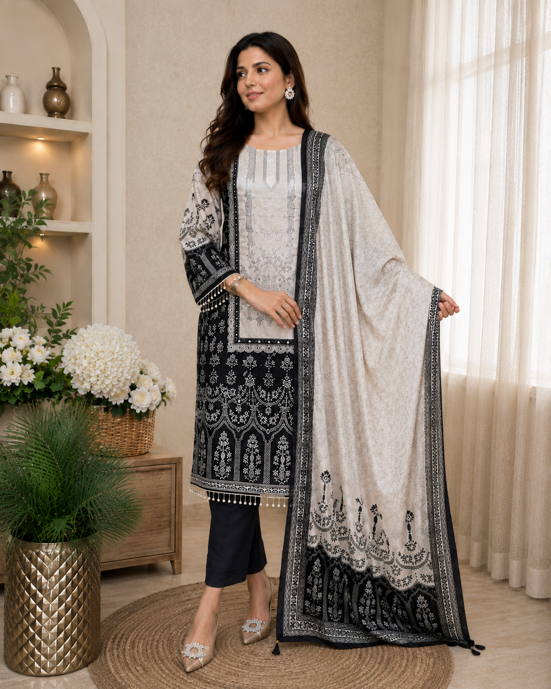 Gorgeous Black Chinon Embroidery Suit Set