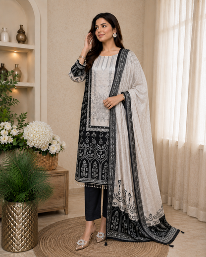 Gorgeous Black Chinon Embroidery Suit Set