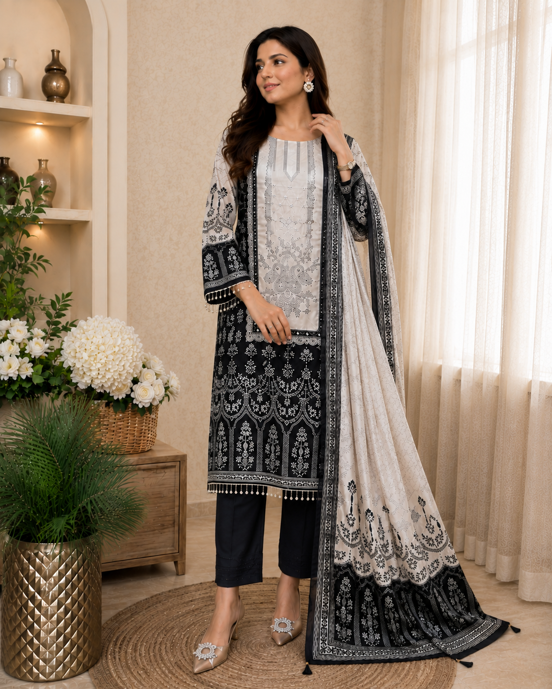 Gorgeous Black Chinon Embroidery Suit Set
