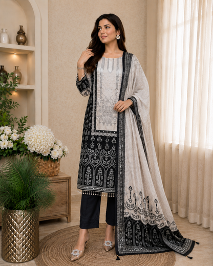 Gorgeous Black Chinon Embroidery Suit Set
