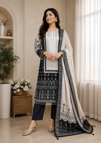 Gorgeous Black Chinon Embroidery Suit Set