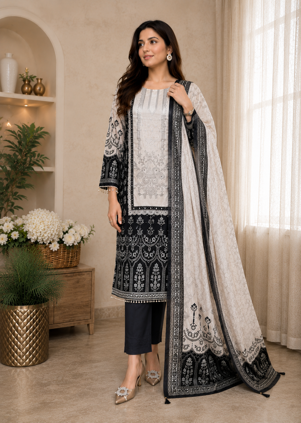 Gorgeous Black Chinon Embroidery Suit Set