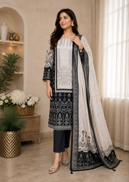 Gorgeous Black Chinon Embroidery Suit Set