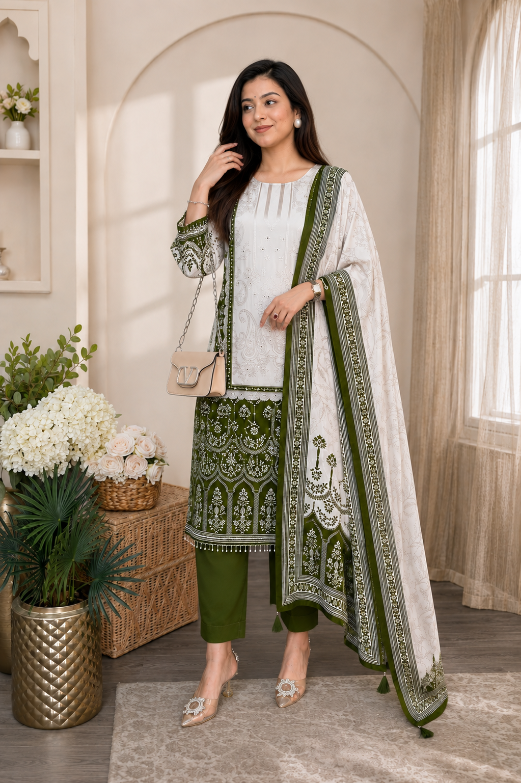 Elegant Olive Green & Ivory Chinon Embroidered Suit Set