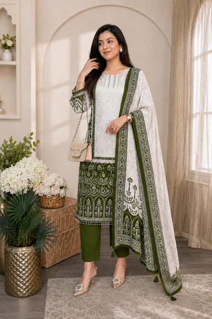 Elegant Olive Green & Ivory Chinon Embroidered Suit Set