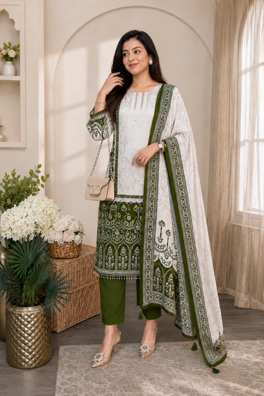 Elegant Olive Green & Ivory Chinon Embroidered Suit Set