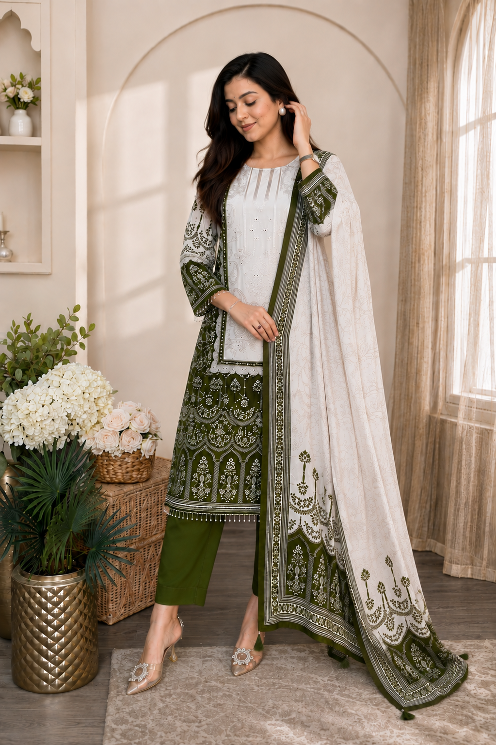 Elegant Olive Green & Ivory Chinon Embroidered Suit Set