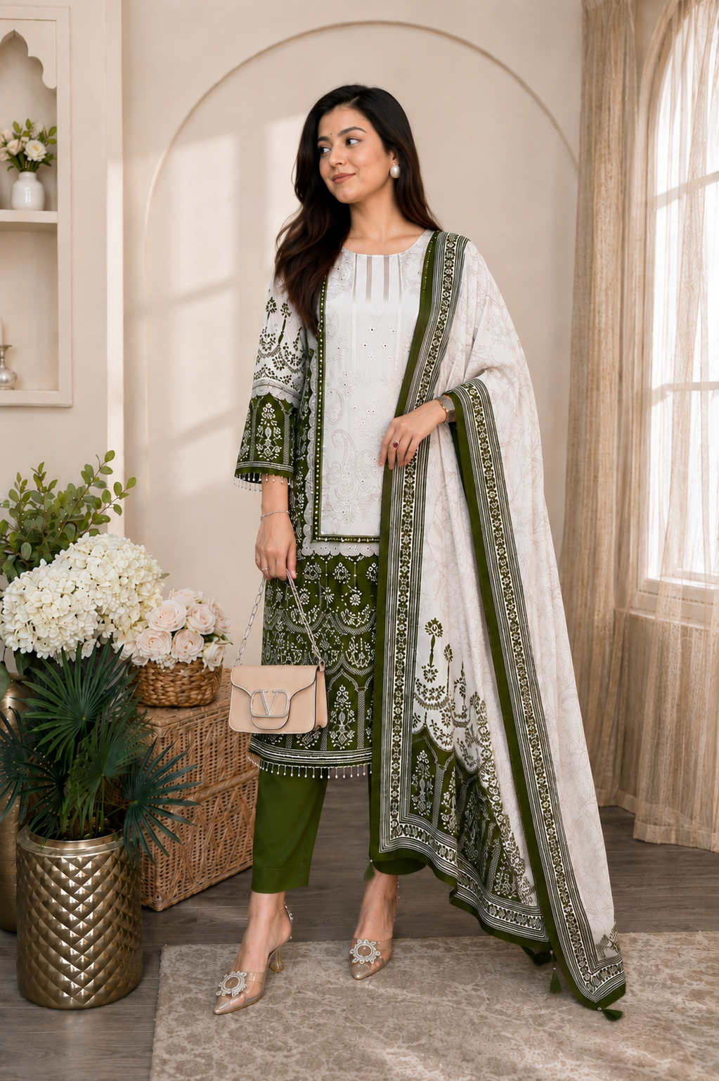 Elegant Olive Green & Ivory Chinon Embroidered Suit Set