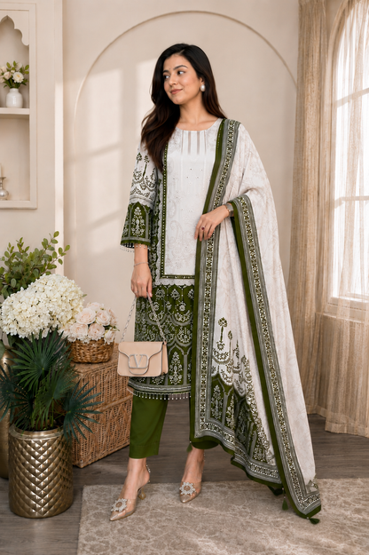 Elegant Olive Green & Ivory Chinon Embroidered Suit Set