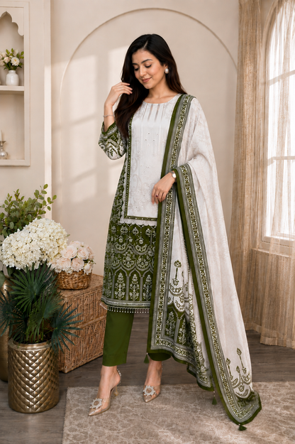 Elegant Olive Green & Ivory Chinon Embroidered Suit Set