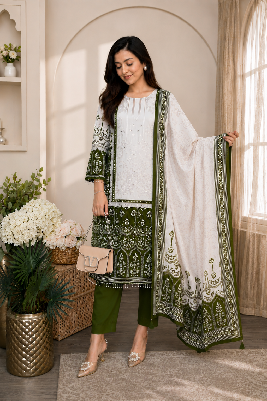 Elegant Olive Green & Ivory Chinon Embroidered Suit Set