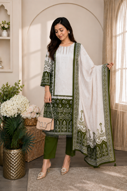 Elegant Olive Green & Ivory Chinon Embroidered Suit Set