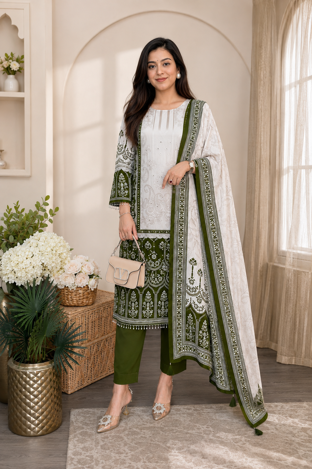 Elegant Olive Green & Ivory Chinon Embroidered Suit Set