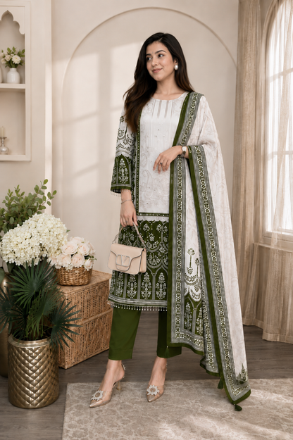 Elegant Olive Green & Ivory Chinon Embroidered Suit Set