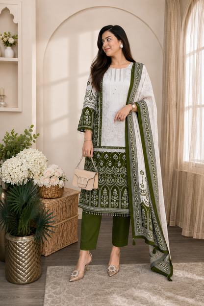 Elegant Olive Green & Ivory Chinon Embroidered Suit Set