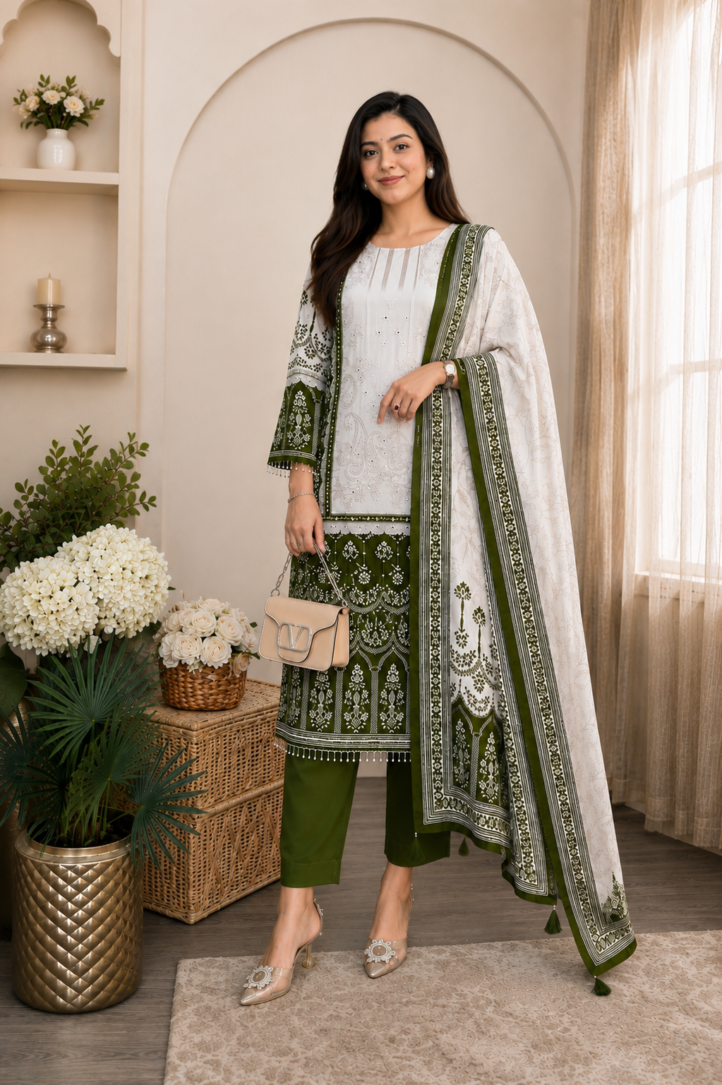 Elegant Olive Green & Ivory Chinon Embroidered Suit Set