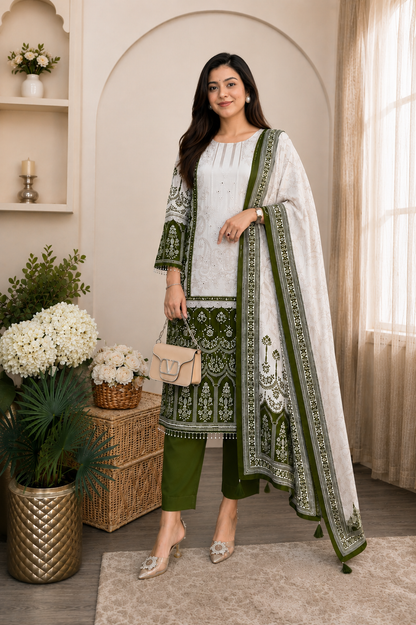 Elegant Olive Green & Ivory Chinon Embroidered Suit Set
