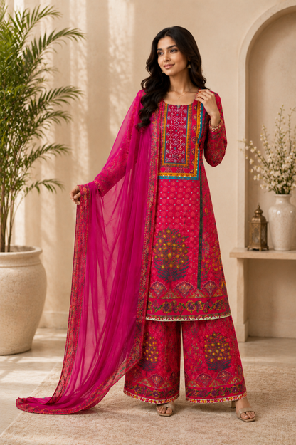 Stunning Rani Pink Printed Suit Set with Palazzo & Dupatta