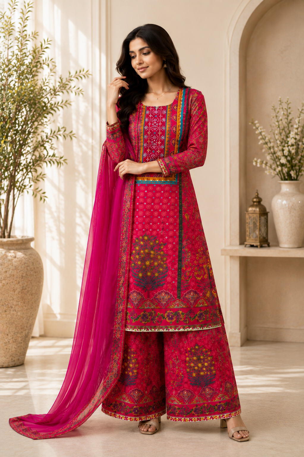 Stunning Rani Pink Printed Suit Set with Palazzo & Dupatta