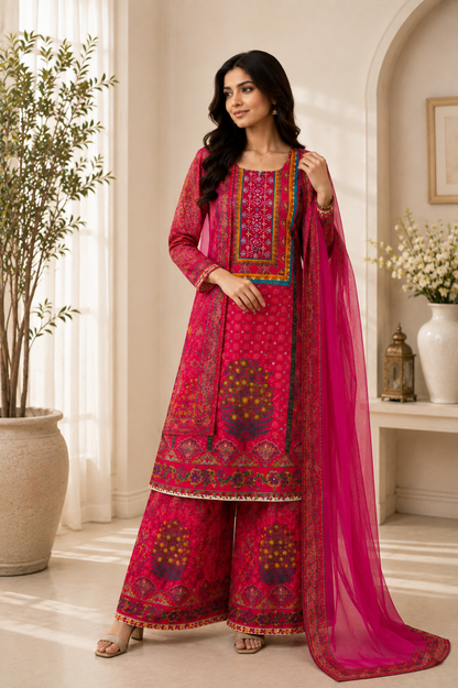 Stunning Rani Pink Printed Suit Set with Palazzo & Dupatta