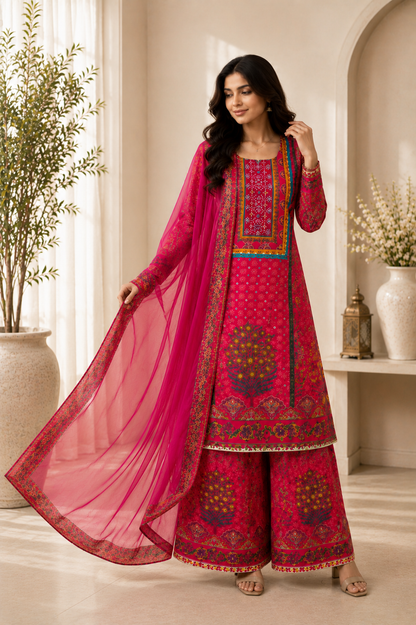 Stunning Rani Pink Printed Suit Set with Palazzo & Dupatta