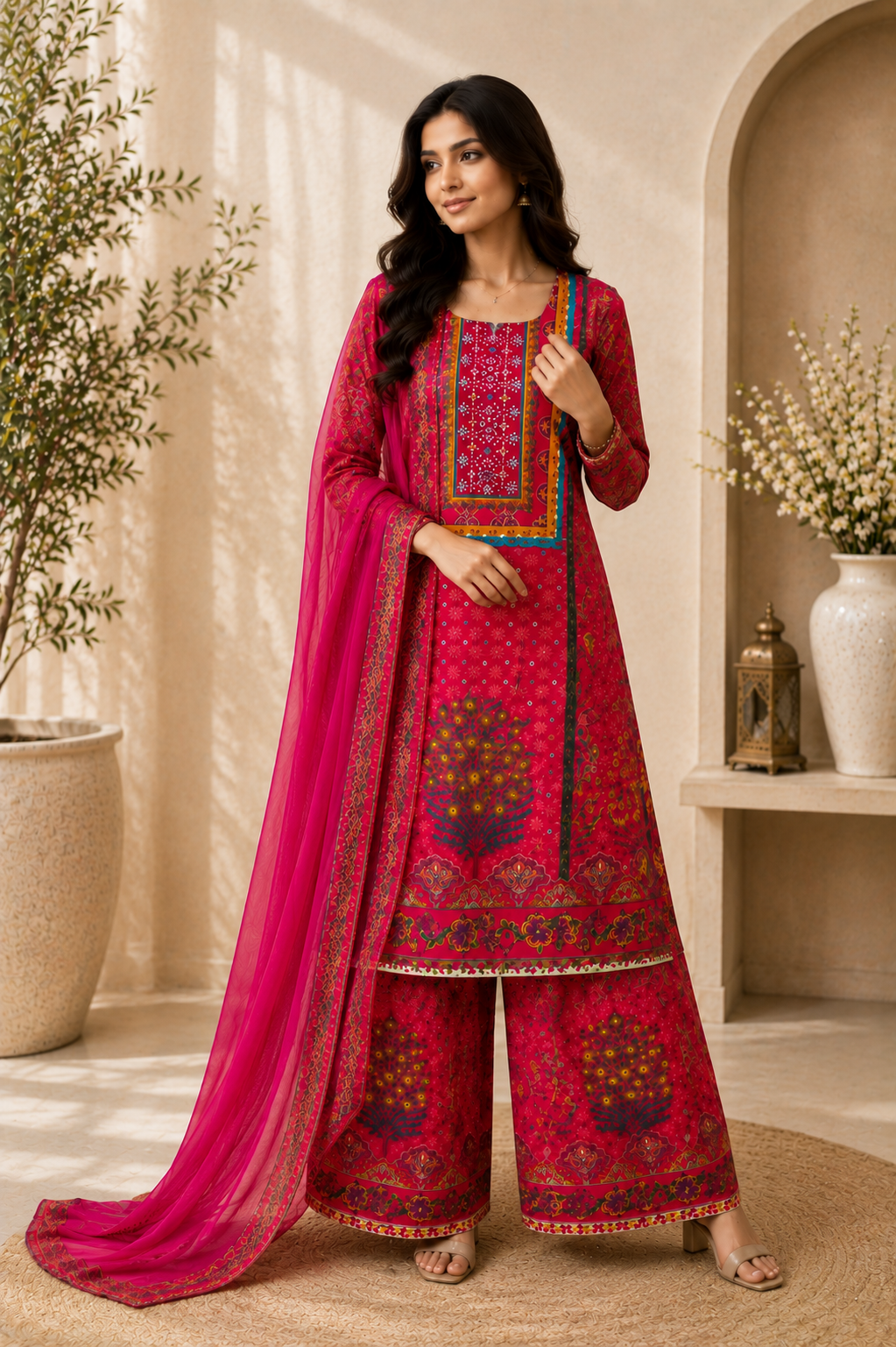 Stunning Rani Pink Printed Suit Set with Palazzo & Dupatta
