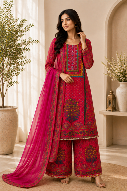 Stunning Rani Pink Printed Suit Set with Palazzo & Dupatta