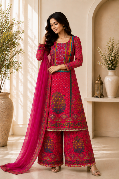 Stunning Rani Pink Printed Suit Set with Palazzo & Dupatta