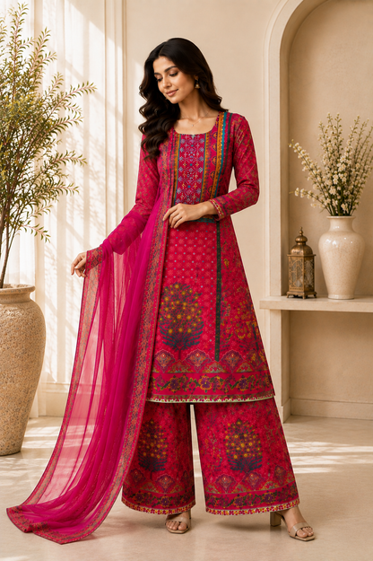 Stunning Rani Pink Printed Suit Set with Palazzo & Dupatta
