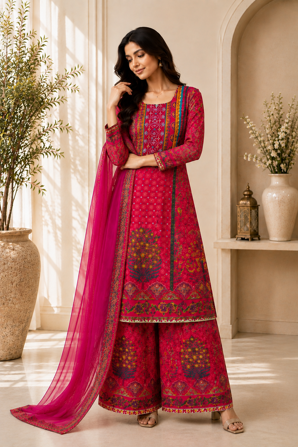 Stunning Rani Pink Printed Suit Set with Palazzo & Dupatta