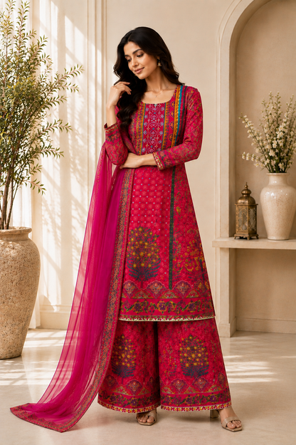 Stunning Rani Pink Printed Suit Set with Palazzo & Dupatta