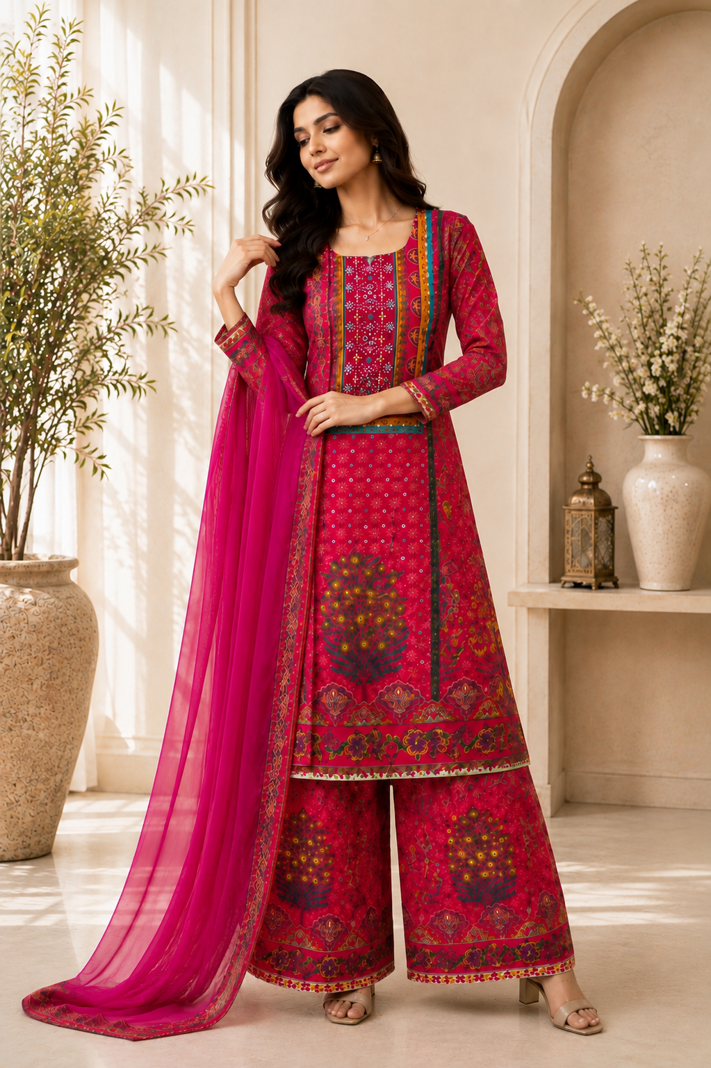 Stunning Rani Pink Printed Suit Set with Palazzo & Dupatta