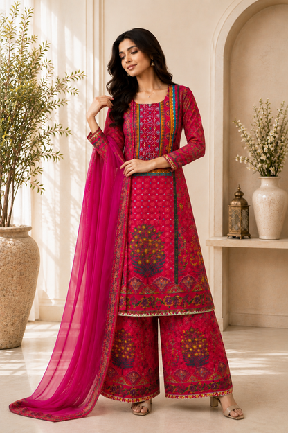 Stunning Rani Pink Printed Suit Set with Palazzo & Dupatta