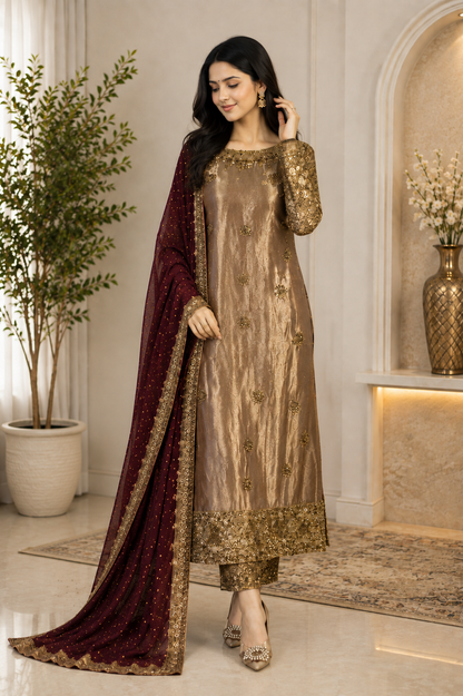 Gorgeous Bronze Embroidered Festive Suit Set with Maroon Dupatta