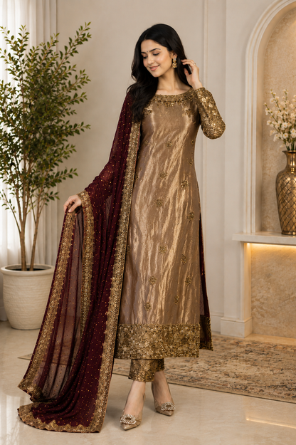 Gorgeous Bronze Embroidered Festive Suit Set with Maroon Dupatta