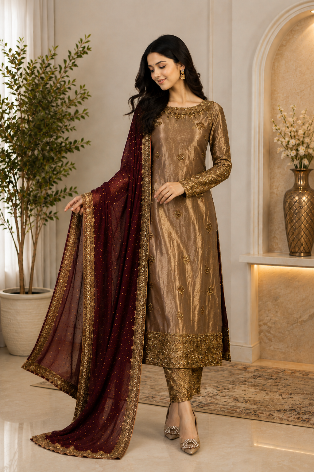 Gorgeous Bronze Embroidered Festive Suit Set with Maroon Dupatta