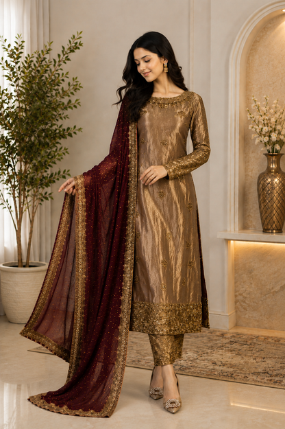 Gorgeous Bronze Embroidered Festive Suit Set with Maroon Dupatta