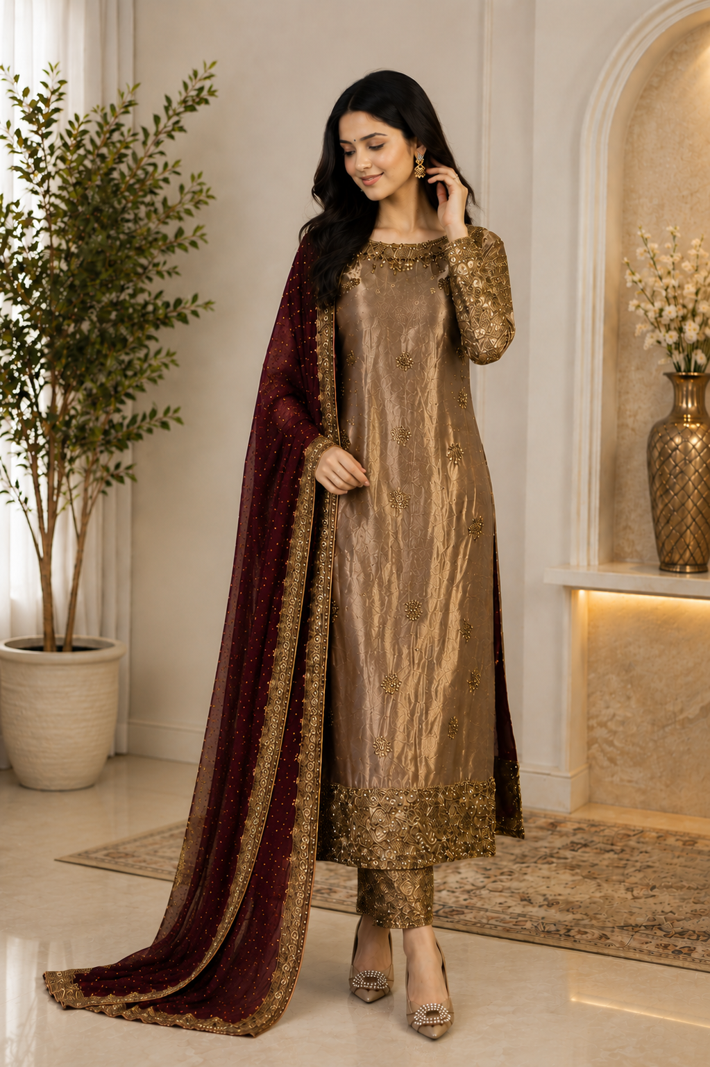 Gorgeous Bronze Embroidered Festive Suit Set with Maroon Dupatta