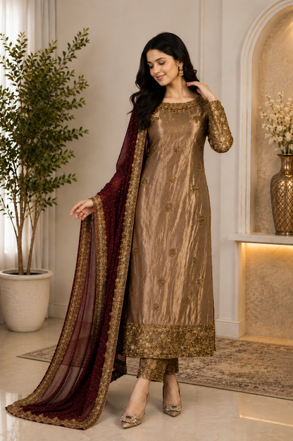 Gorgeous Bronze Embroidered Festive Suit Set with Maroon Dupatta