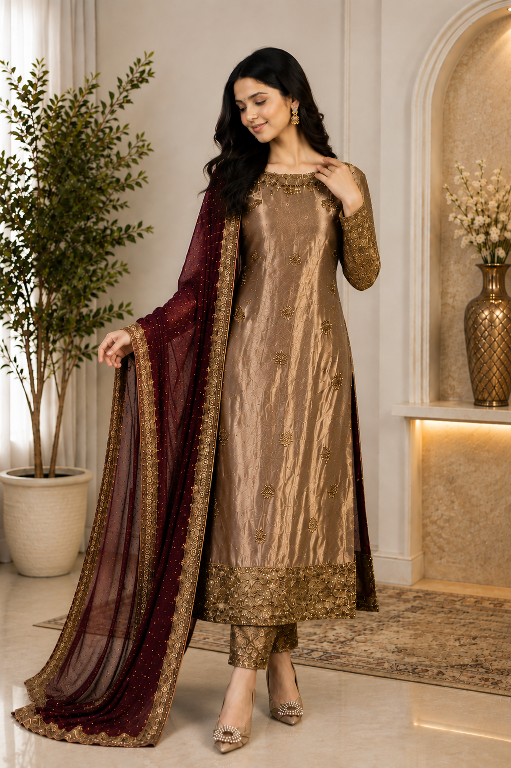 Gorgeous Bronze Embroidered Festive Suit Set with Maroon Dupatta