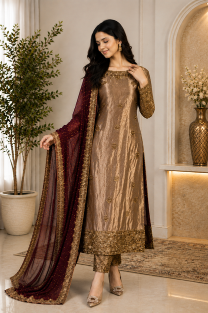 Gorgeous Bronze Embroidered Festive Suit Set with Maroon Dupatta