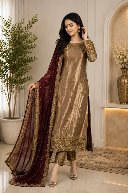 Gorgeous Bronze Embroidered Festive Suit Set with Maroon Dupatta